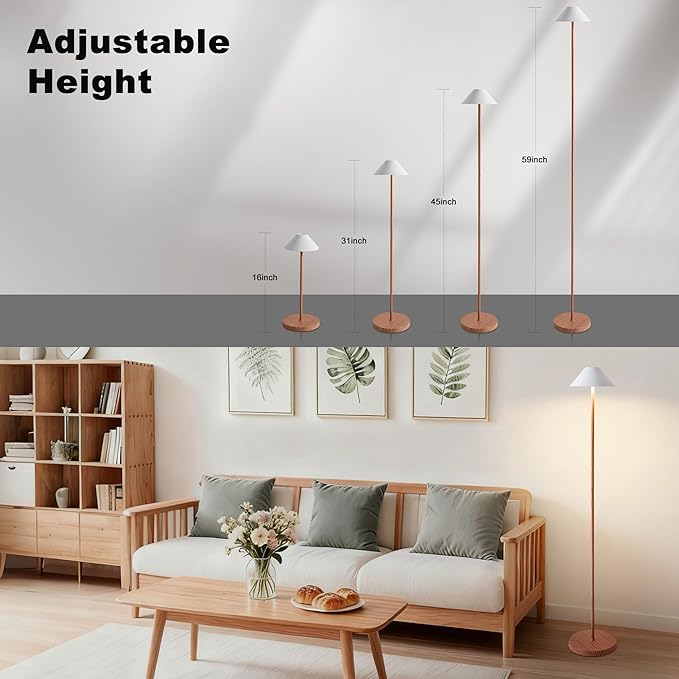 Rechargeable Floor Lamp for Indoor/Outdoor, Cordless Tall Standing Lamp with 3 Color Temps & Dimmable, IP43 Waterproof, Adjustable Height 16-59 Inch, LED Floor Lamp for Living Room, Patio(Wood Grain)