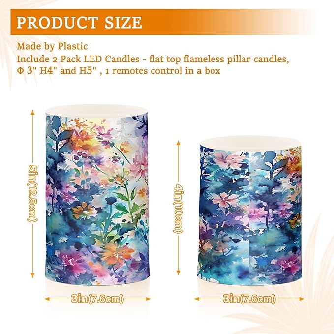 Watercolour Blue and Pink Flowers Flameless Candles Color Changing LED Candles with Remote Control Battery Candles for Outdoor and Indoor Home and Room Decoration, 3'' x 4''/5'' Set of 2 Pieces