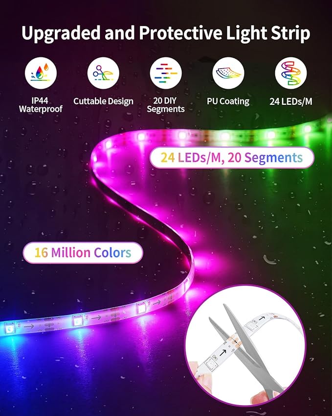 RGB+IC LED Strip Lights, Smart Bluetooth LED Light for Bedroom, Color Changing LED Strips with 44 Scene Modes(6.6ft)