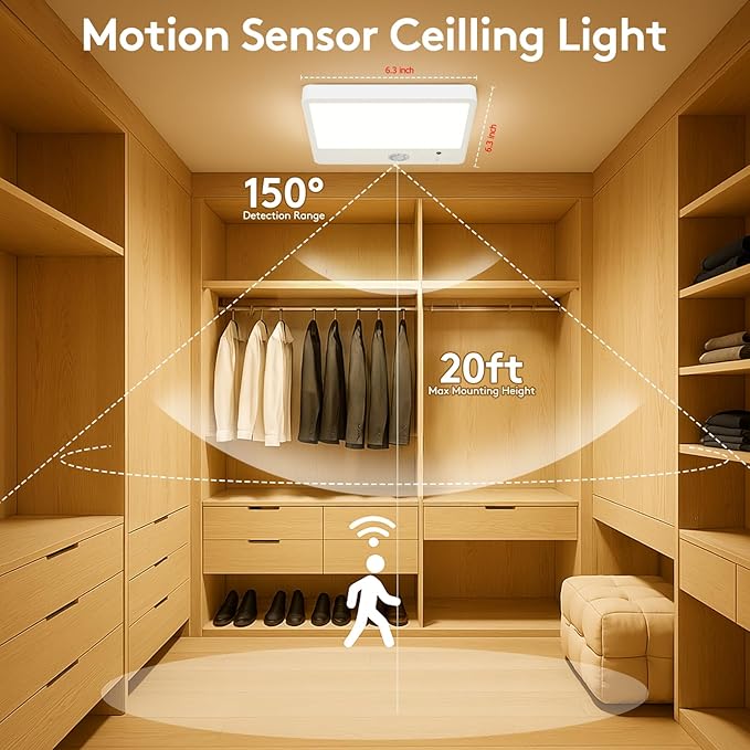 Fast Charging Motion Sensor Closet Light Indoor, Battery Powered Operated Ceiling Lights with Remote, Rechargeable Magnetic Wireless Shower Light for Closet Bathroom Stairs Hallway Pantry, 6.3 Inch
