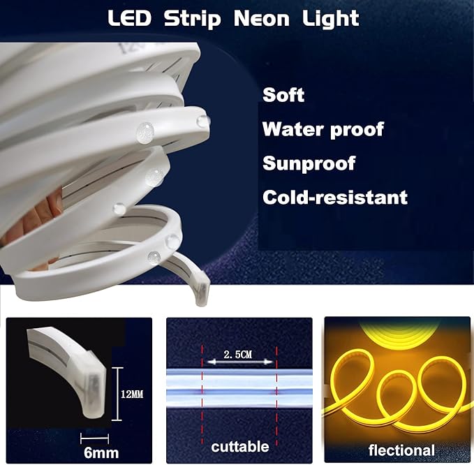 Blue Neon LED Strip Light, 16.4ft/5M Flexible Rope Light - 12V DC, 600 LEDs, Waterproof for Indoor & Outdoor Home Decor (Include Power Adapter)