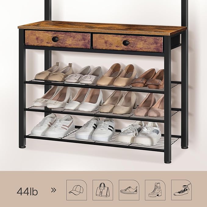 HOOBRO Hall Tree, Entryway Coat and Shoe Rack, 2 Fabric Drawers, Hall Tree with Bench, Shoe and Coat Rack, Coat Rack with Shoe Storage, 4 Tier Shoe Organizer, 9 Hooks, Rustic Brown and Black BF81MT01