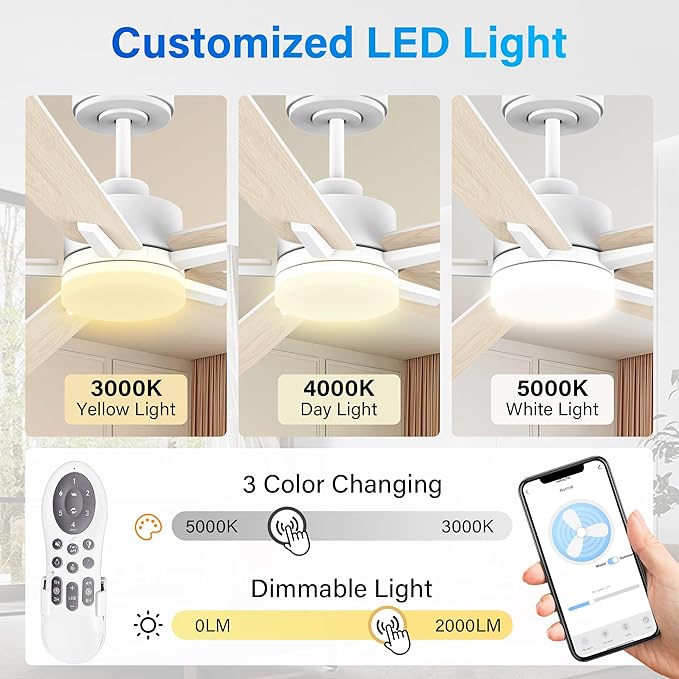 60” Smart Ceiling Fan with Lights Remote,Control via Alexa Google Voice App Wifi,Silent DC Motor,Dimmable,Outdoor Indoor Modern Ceiling Fans for Large Bedroom Patio Porch,White and Wood