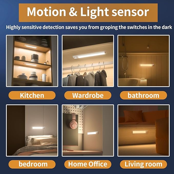 12" Under Cabinet Lights,88 LED Operated Motion Sensor Light Indoor,2200mAh USB Rechargeable Closet Lights, 2 Pack Magnetic Dimmable Closet Lights?Wireless Under Counter Lights for Kitchen, Stairs