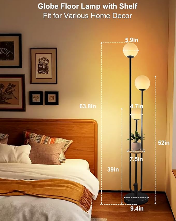 Lightdot LED Floor Lamp Dimmable Globe Floor Lamps with Shelf Mid Century Modern Black Standing Lamp Candle Holder Style Soft Eye-Caring for Bedroom Living Room/Bedroom/Sofa Beside/Corner Decor