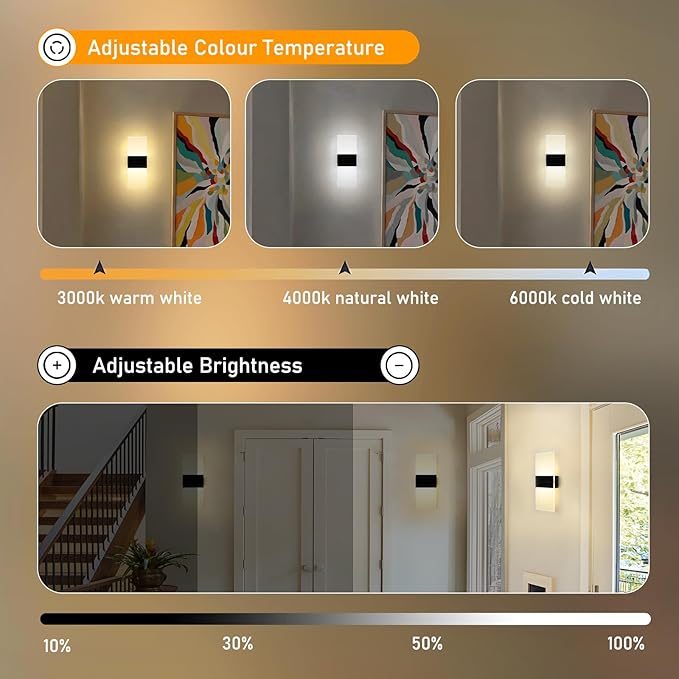 Touch Dimmable LED Wall Sconce with Switch Indoor 12W Hardwired Wall Light Fixture Brightness and 3-Color Temperature Adjustable, Acrylic Modern Wall Lights for Bedroom Hallway