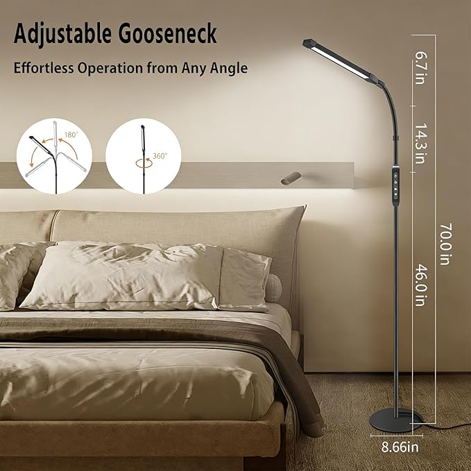 15W LED Floor Lamp with Stepless Adjustable 3000K-6000K Colors and Dimmer, LEDs Lash Lamp Tattoo Light Makeup Light, 360° Gooseneck Standing Light for Living Room, Bedroom, Office (Remote & Touch)