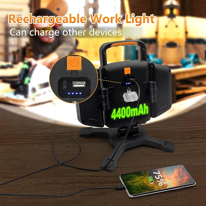 30W Rechargeable Work Light, 3000 Lumen Magnetic Work Light Battery Powered, Waterproof Portable Cordless Job Site Lighting for Construction Site, Workshop, Garage, Camping, and Car Repairing