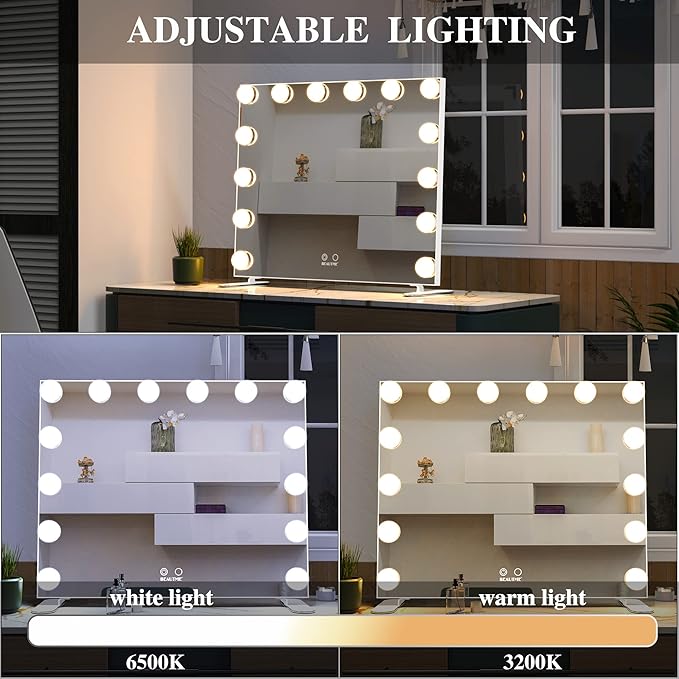 BEAUTME Vanity Mirror with Lights, Hollywood Makeup Mirror with 14pcs Dimmer Bulbs, Smart Touch Control,Tabletop/Wall Mounted for Bedroom, Bathroom, Dressing romm, White 20 x 23.6 Inch