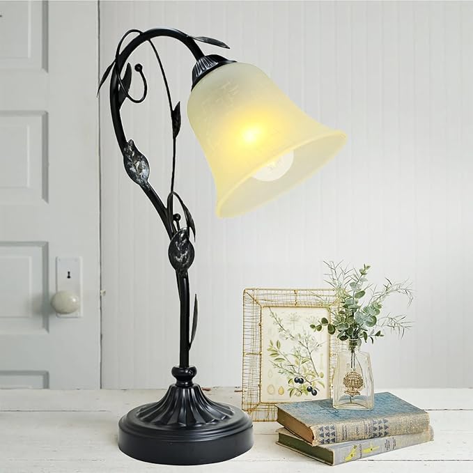 Touch Table Lamps, Flower Vintage Nightstand Lamp, Rustic Reading Bedside Light, Dimmable Farmhouse Stained Glass Lamp with USB for Bedroom Living Room, E26