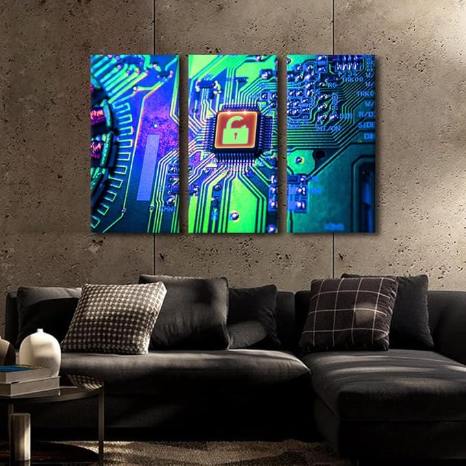 Canvas Wall Art Wall Decor Information Technology 3 Piece Technology Wall Art CPU Concept Contemporary Home Decor for Office Canvas Art Circuit Board Poster Printings Framed Ready to Hang(24"Wx36"H)