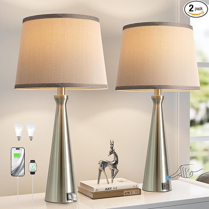 Seealle Modern Table Lamps Set of 2 - Touch Bedside Lamp for Nightstand with Dual USB C+A,3-Way Dimmable Silver Nightstand Lamps for Living Room Bedroom End Table with Grey Shade(Bulb Included)