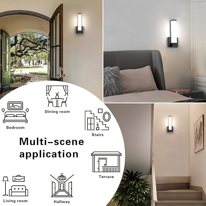 Dimmable Wall Lights for Bedroom Modern Black Indoor LED Hallway Sconces Corner Light 12" Inch Height 12W 4000K Bedside Stair Sconces Wall Lighting Lamps 110V AC.