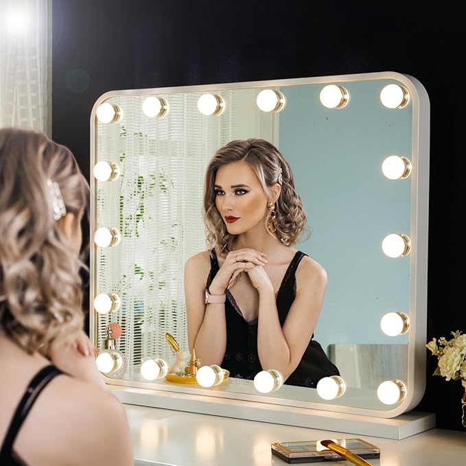 LUXFURNI Large Hollywood Vanity Mirror with Lights, 25" Lx21 W Lighted Makeup Mirror with 18 Dimmable Bulbs, Smart Touch Control 3 Color Lighting Modes, White