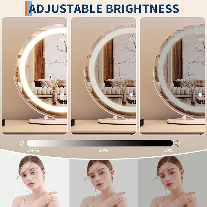 IDEALHOUSE Vanity Mirror with Lights, 19" Lighted Makeup Mirror, LED Desk Mirorr with 360° Rotation, Dimmable 3 Modes, Smart Touch Control for Bedroom or Tabletop(Round,White)