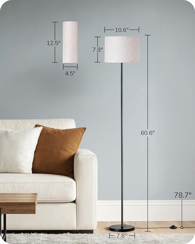 EDISHINE Dual Shades Floor Lamps for Living Room with Foot Switch, 63.7" Modern Standing Lamp with Remote Control, Stepless Dimmable Minimalist Lamps for Bedroom, Office, (9W Bulb Included), Black