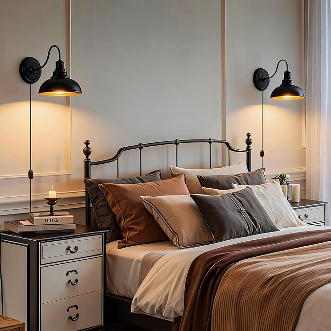 Lightess Plug in Wall Sconces, Farmhouse Sconce with Dimmer, Black Barn Wall Light Fixture with Dimmable Switch on The Cord, Industrial Gooseneck Wall Lamp, Set of Two