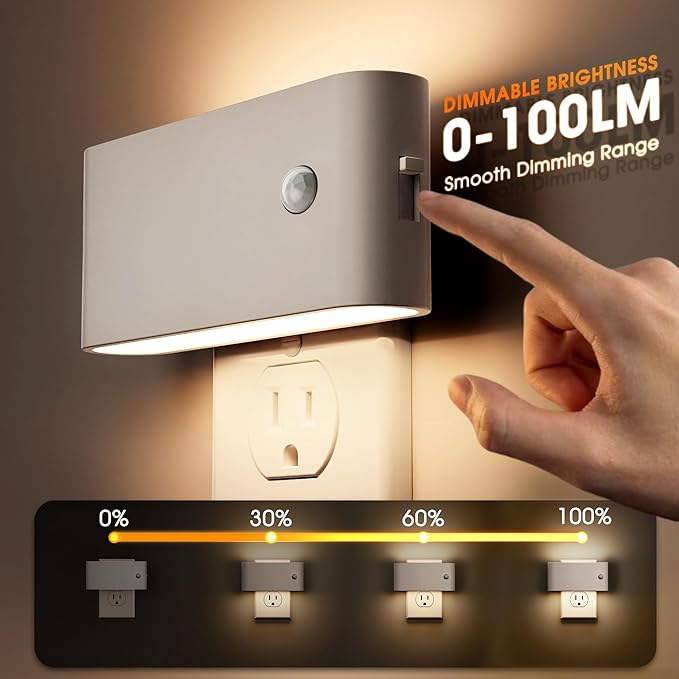 Briignite LED Night Light Motion Sensor 2 Pack, Night Lights Plug into Wall, Auto On Off, 0-100LM Dimmable Night Light Plug in, 3000K Warm White LED Nightlight for Kids Bedroom Hallway
