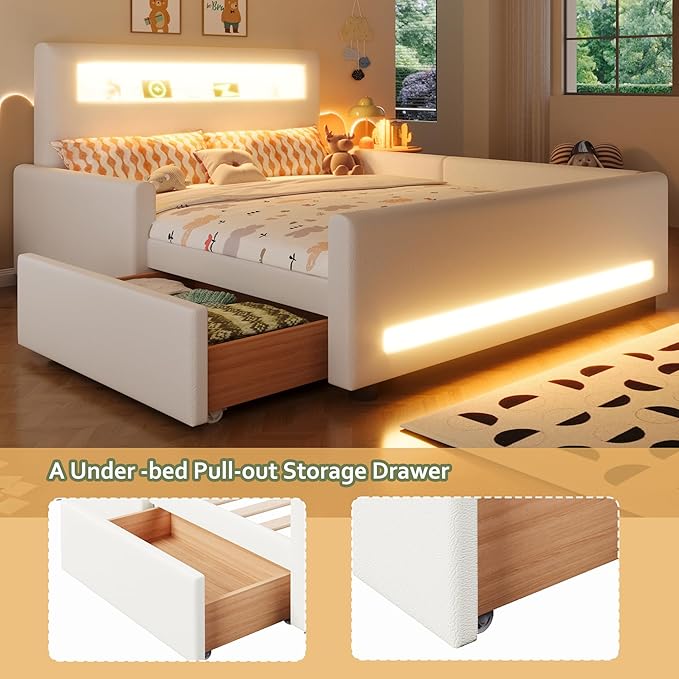 MERITLINE Full Size Upholstered Platform Bed with Drawer, App-Controlled RGB LED Light Strip & USB Port, PU Fabric Storage Bed (White) | LED light, Storage Drawer