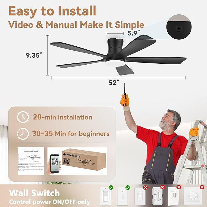 52"Wood Smart Flush Mount Ceiling Fans with Lights Remote,Control via WIFI Alexa Google App,6 Speed,Quiet DC Motor,Modern Black Outdoor Indoor Low Profile Ceiling Fan for Bedroom Patio Porch