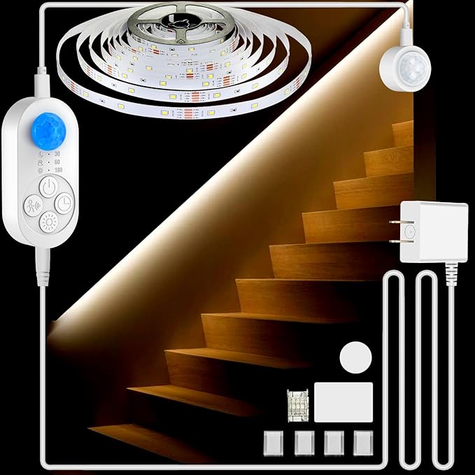 Dual Sensor Stair Lights Indoor, Motion Activated Plug-in Step Light Strip Indoor with Dimmer, Delay Timer for Stairway (Warm White 3000K (32.8FT Light Strip), Power Adapter (9.84FT Cable))