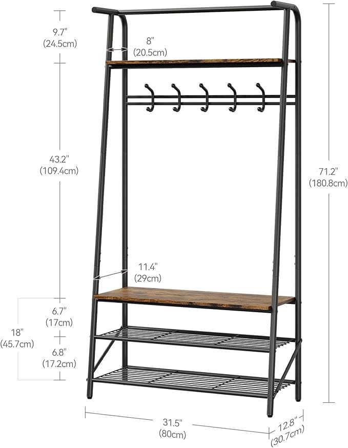 4-In-1 Hall Tree Entryway Organizer with 5 Hooks and Shoe Storage Bench, Sturdy Metal Frame, Wood Look Accent for Coat, Hat, and Bag Organization in Entryway, Living Room, or Bedroom