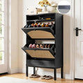 COMHOMA Shoe Cabinet with Charging Station, Flip Down Shoe Storage Organizer with Adjustable Shelves, Hidden Slim Shoe Rack with Anti-Tip Kit for Entryway or Hallway (Black Rattan)