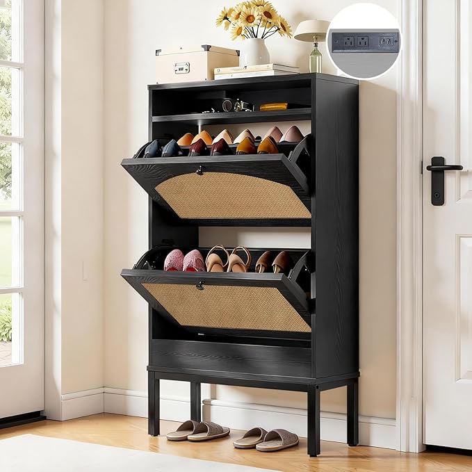 COMHOMA Shoe Cabinet with Charging Station, Flip Down Shoe Storage Organizer with Adjustable Shelves, Hidden Slim Shoe Rack with Anti-Tip Kit for Entryway or Hallway (Black Rattan)