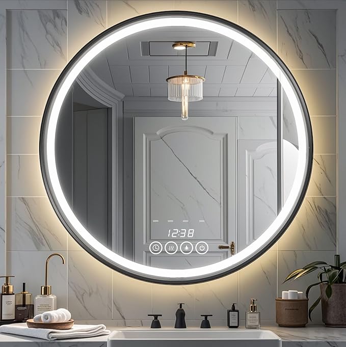 Wall-Mounted Round Bathroom Mirror with LED-Lights - Frame Vanity Mirrors (32" x 32", Black)