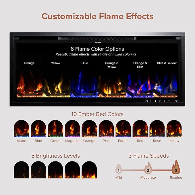 Modern Ember Aerus Slim 42 Inch Smart Linear Electric Fireplace | Recessed in-Wall or Wall-Mount | LED Multiple Flame Colors | Alexa/WiFi Enabled | 4.25” Profile | Remote Included