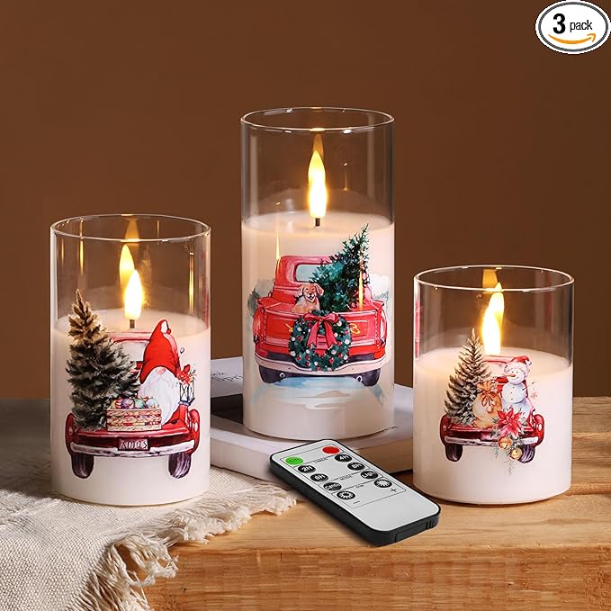 Eywamage Christmas Glass Flameless Candles with Remote, Flickering LED Pillar Candles Holiday Table Decor Gift Set of 3