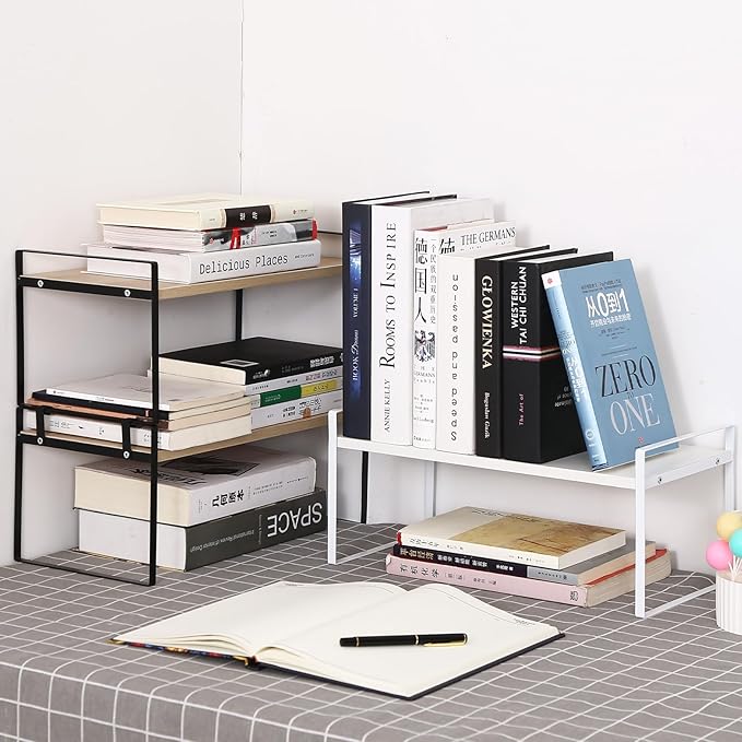 Desk Shelf Organizer for Top of Desk, Detachable 2 Tier Desktop Bookshelf, Wooden Desk Shelves Storage Rack, Small Desktop Shelf for Office Home Dorm, Tabletop Desk Organizer Stand (White+White)