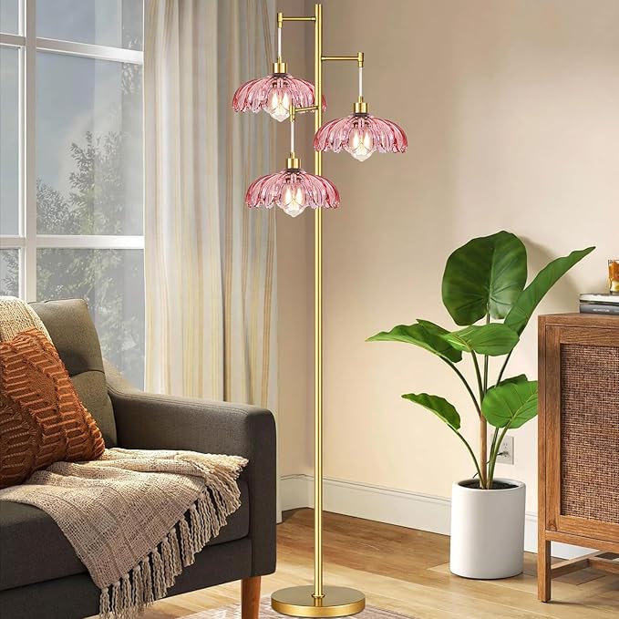 Pink Floor Lamp for Living Room,Bedroom,Gold Mid Century Modern Standing Lamp Brass Tree 3 Light Tall Floor Lamps Vintage Retro Floor Lights Glass Flower Lamp Shade Farmhouse Boho Bohemian