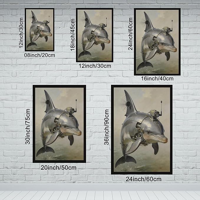 Framed Steampunk Mechanical Dolphin Wall Art - Marine Retro-Futuristic Poster for Beach House Living Room Decor 12x18in