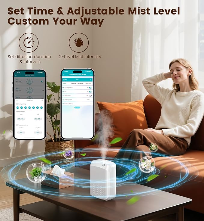 Waterless Essential Oil Diffuser 3000 Sq.Ft Coverage for Large Home Hotel Office, 400ml Cold Air Scent Machine, Bluetooth App Control, No-Noise Aroma Diffuser Wall Mount Gift for Mom for Her