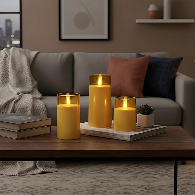 Raycare Flameless Electronic Pillar Candles with Remote Control and Timer- Battery Operated Realistic Flickering LED Fake Candle for Home, Wedding, Valentine's Day Decor, Gold,Set of 3(3"x4"5" 6")