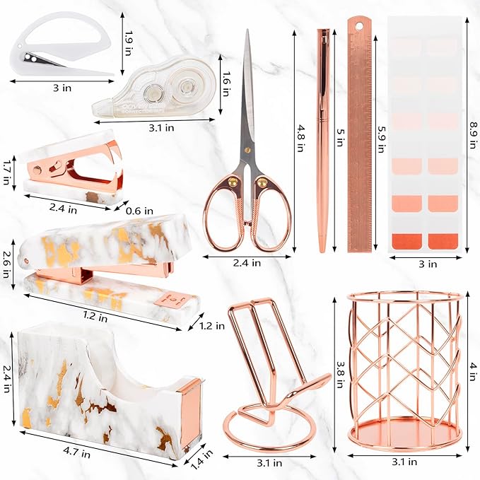 Office Desk Accessories Supplies - 14 Pcs Women Rose Gold Marble Desk Decor Set, Cute Aesthetic Office Essentials Kit, Stapler Tape Dispenser Pen Organizer, Acrylic Mini Teacher Stuff for School Home