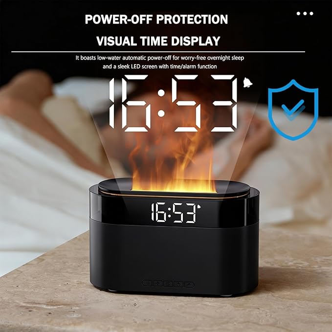 Aroma Diffuser with Flames & Digital Clock, 7 Colors Light Effect Fragrance Oil Diffuser, 150ml Humidifier with Remote Control, Clock Function, Timer, Waterless Auto-Off (Black)