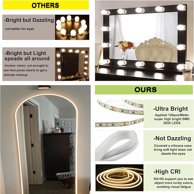 LED Vanity Mirror Lights 16.4FT, Strong Adhesive Dimmable Silicone Strip Lights for Mirror, Waterproof Eye-Care Warm White 3000K Flexible Lighting for Bedroom Bathroom (Mirror NOT Included)