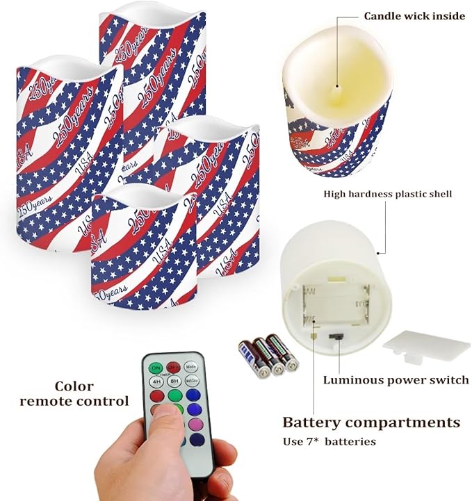 250 Years of America Pillar Led Candles Set of 4 Star Stripes Patriotic Candle Warmer Lamp Fourth of July Remote Control Candles Modern Decors for Indoor Outdoor Parties