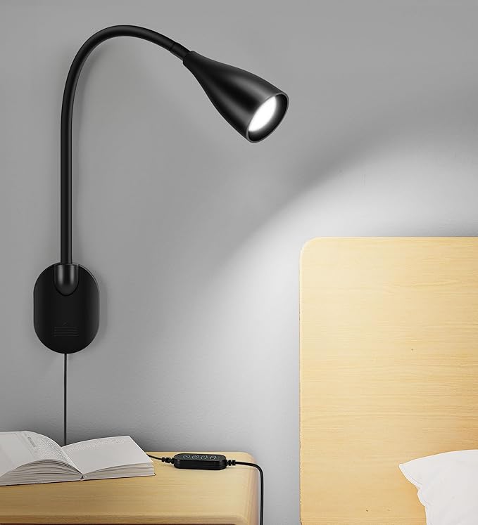 Wall-Mounted LED Bedside Reading Light with USB Charging Port, 10-Level Dimmable & Adjustable 5 Color, Plug-in Adhesive Night Lamp for Books in Bed, Eye-Caring Bedroom Lighting (Black 2 Pack)