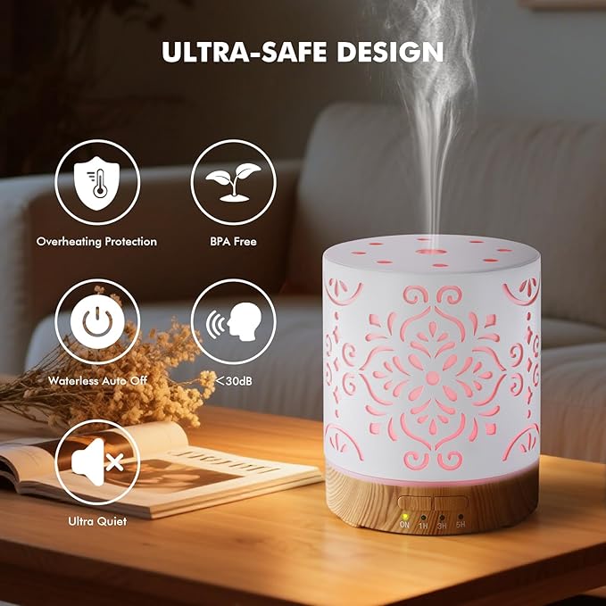 Essential Oil Diffuser for Home - 300ML Metal Aromatherapy Diffuser with Auto Shut-Off Protection & 4 Timers, Ultrasonic Humidifier with 7 Colors Lights for Large Room, Home Office Décor(White Flower)