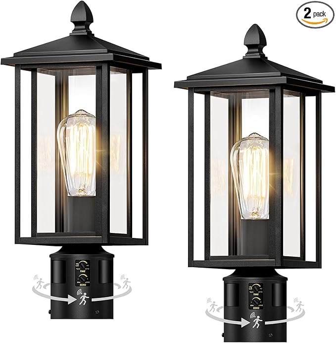 17" Motion Sensor Outdoor Post Lights, Dusk to Dawn Lamp Post Light Fixture with Tempered Glass, Waterproof Aluminum Pole Lights, Outside Lamp Posts Outdoor Lighting for Garden Yard Pathway (2-Pack)