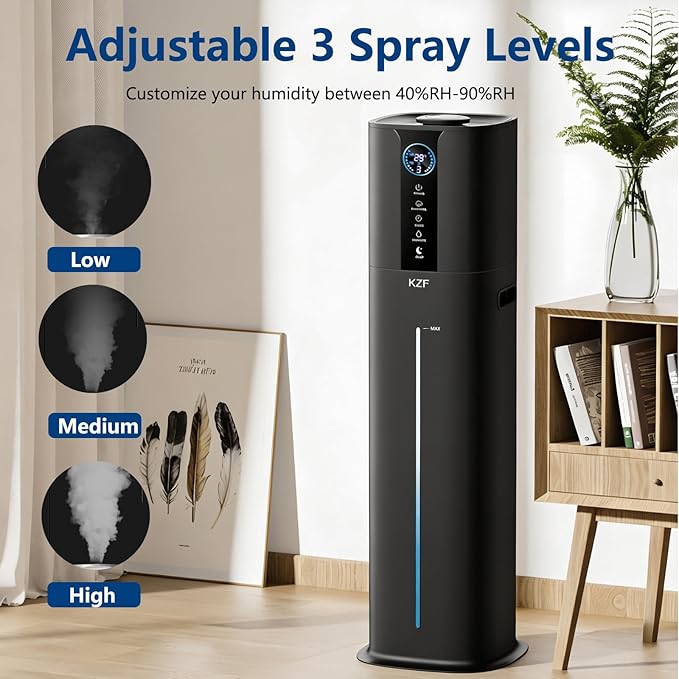 KZF 9L Smart Humidifiers for Bedroom Large Room, 2.3Gal Cool Mist Top Fill Diffuser App & Remote Control, 3 Mist Modes, Quiet Humidifier for Home Office Plant (9L Black App)