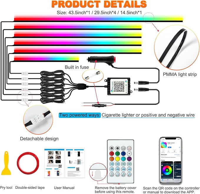 Car LED Strip Lights, Interior Acrylic LED Lights for Car with Dynamic Rainbow Dream Color Chasing, Ambient Lighting Kits Music Sync (6 in 1(4 * 29.5+43.3+14.5 inches))