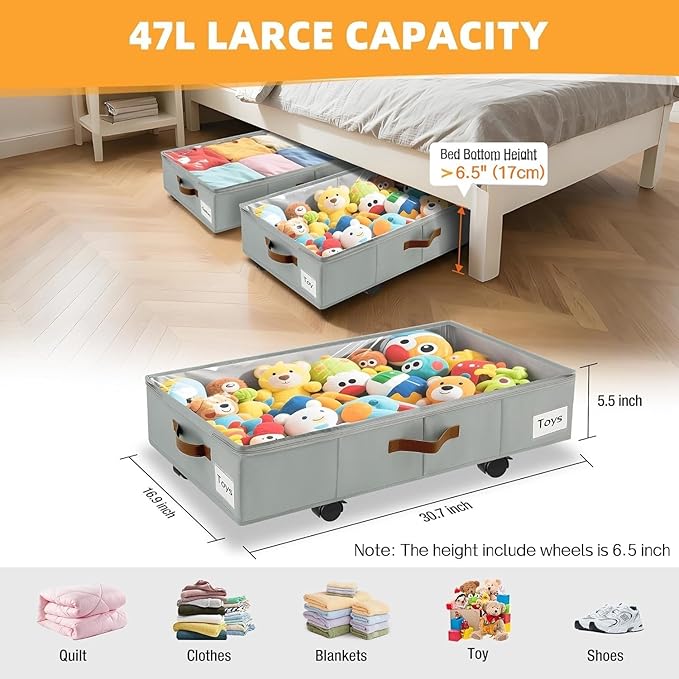 2 Pack Under Bed Storage with Wheels – 30.5×17×6.5 Inch, Underbed Storage with Sturdy Sidewalls/Bottom, Clear Cover, Label and PU Handle, Rolling Under Bed Drawers for Clothes, Shoes, Toys, Blankets