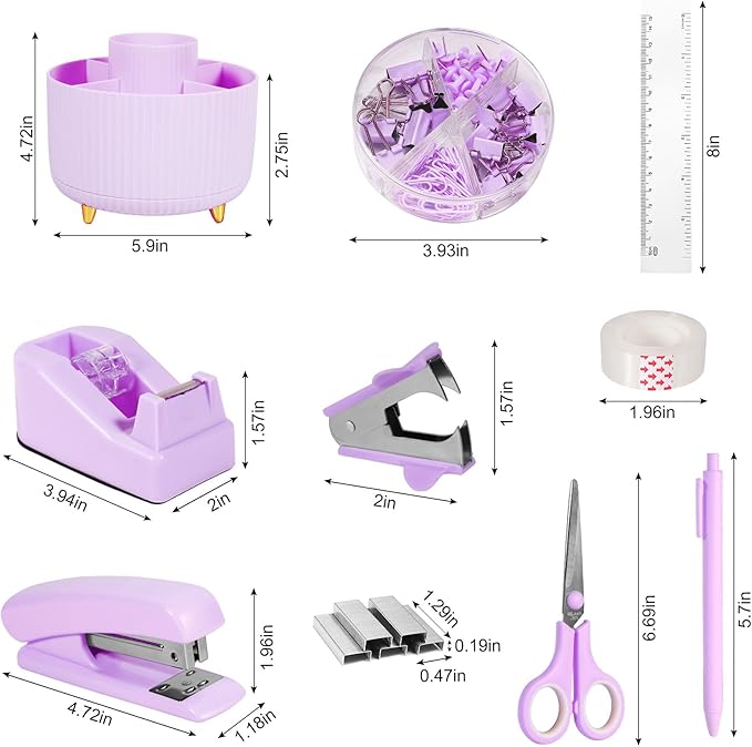 Purple Desk Organizers and Accessories Set with 360-Degree Rotating Pen Holder, Tape Dispenser, Stapler, Staple Remover, 1000 Staples, Tape, Clips Set, Ruler, Scissor, Pen