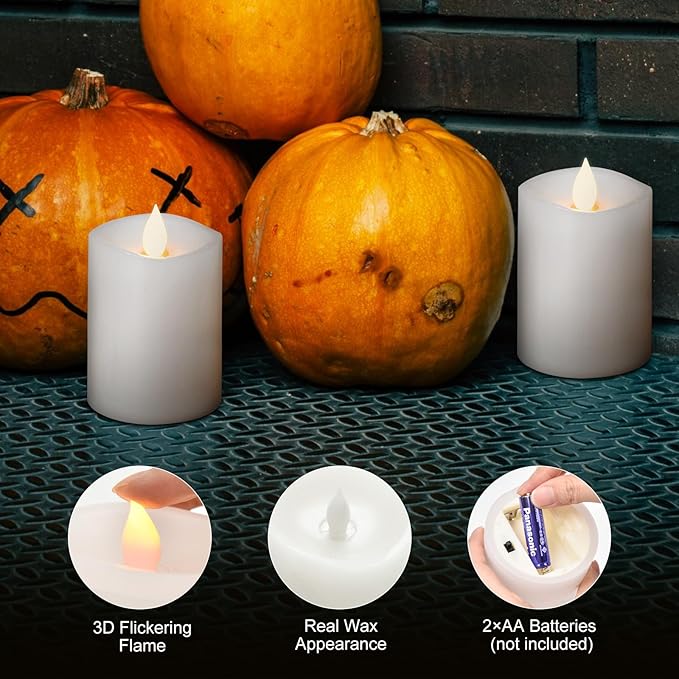 3x4 Flickering Flameless Candles Set of 3,Real Wax Pillar LED Battery Candles,with Timer,4 inch Flameless Candles with Remote,for Holiday Home Decor,White