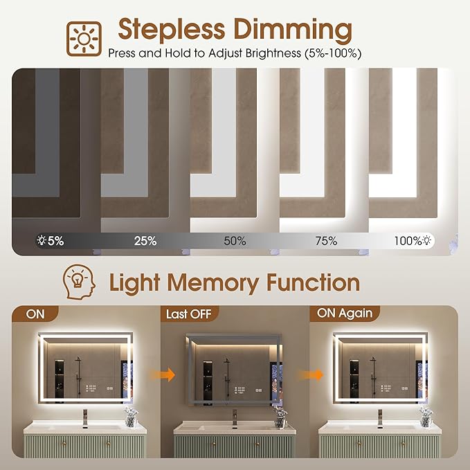 STARLEAD 24"x32" LED Bathroom Mirror with Built-in Clock, Dimmable Lighting, 3 Color Temperature, Anti-Fog, Touch Control Wall Mounted Vanity Mirror