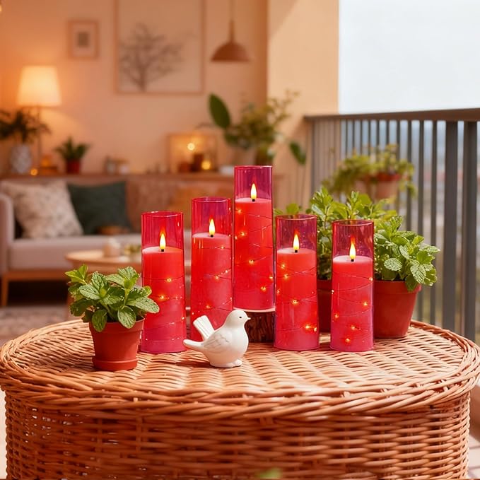 Flameless LED Candles with Timer 9 Pc Flickering Flameless Candles for Romantic Ambiance and Home Decoration Stable Acrylic Shell,with Embedded Star String，Battery Operated Candles(Pink)